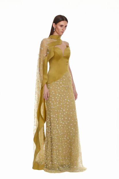 Camel Tül Pelerin ve Taş İşlemeli Abiye Elbise